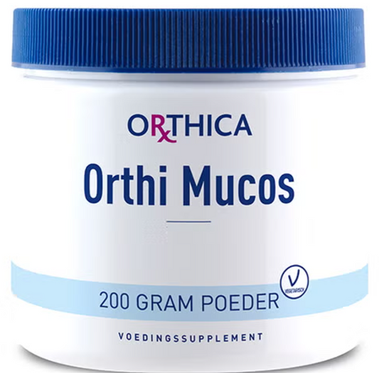 Orthica Orthi Mucos darmkuur supplement packaging with label and product details in a natural setting.