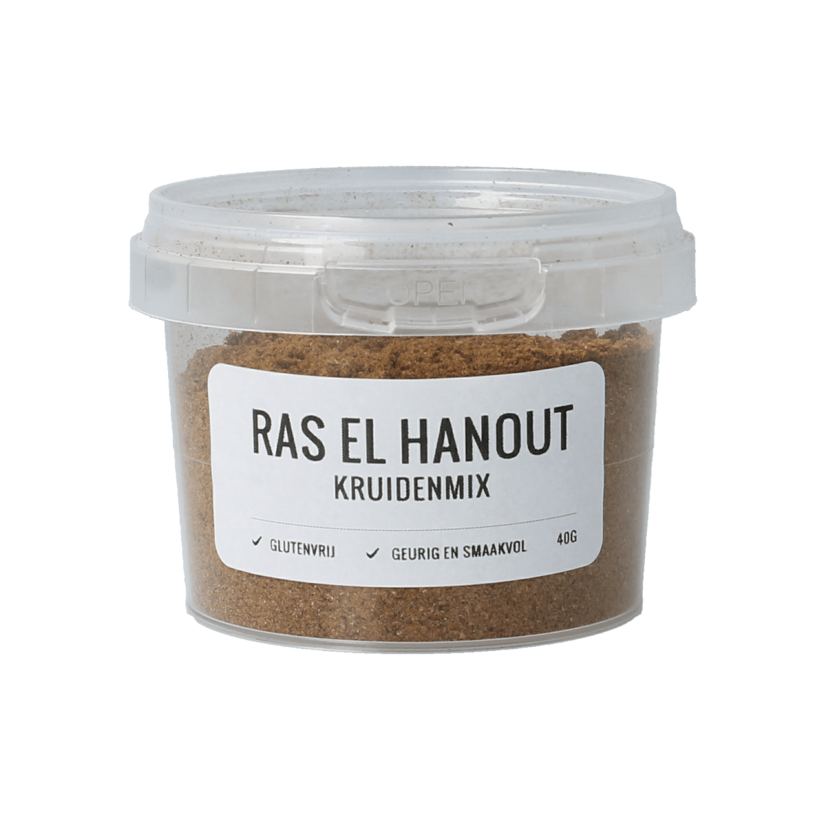 Myx Ras el Hanout kruidenmix glutenfree 40g, a blend of spices for flavorful cooking, shown in a clear packet with spices visible.