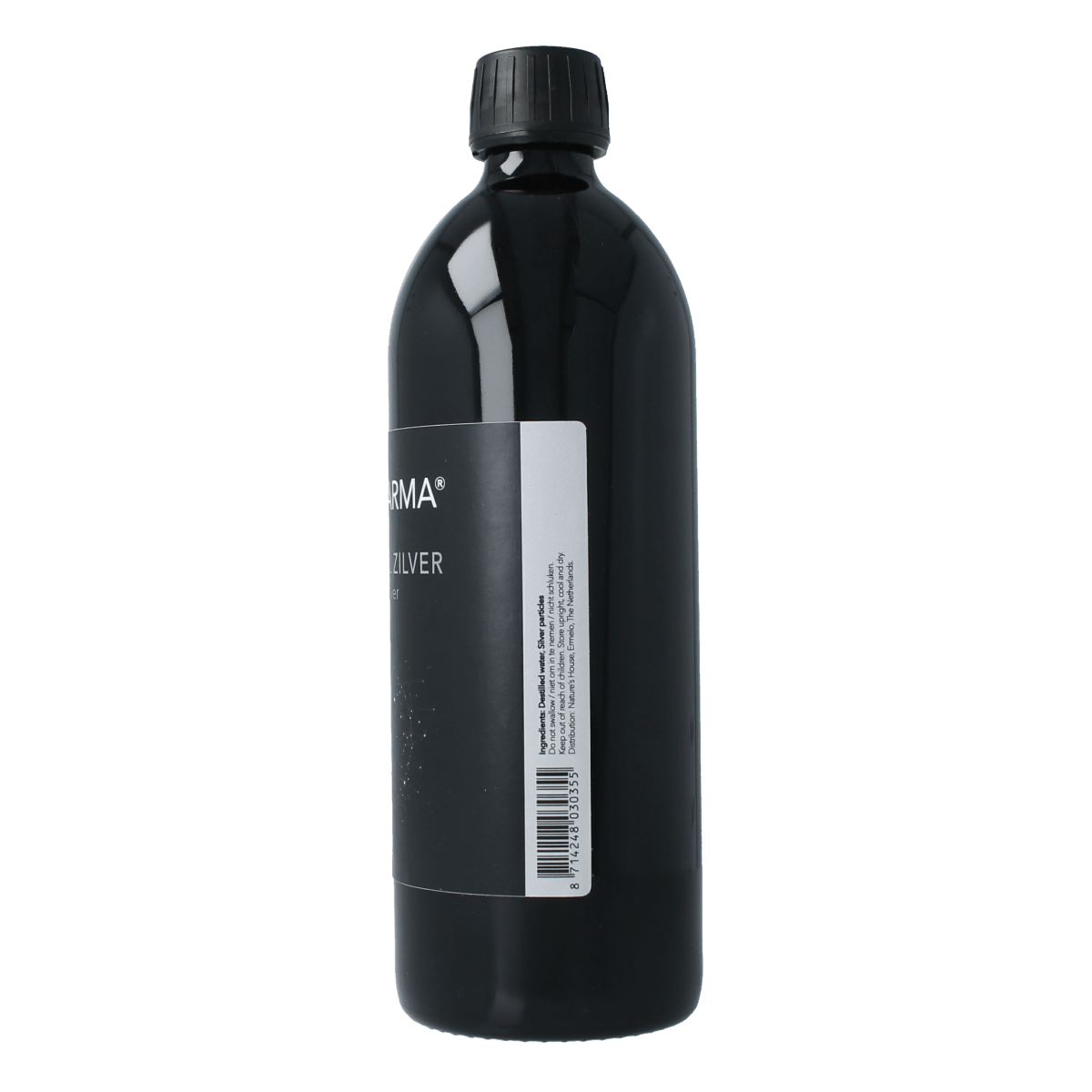Natupharma Ionisch zilverwater 10ppm, 500ml, a natural mouthcare product in a clear bottle with label and cap.