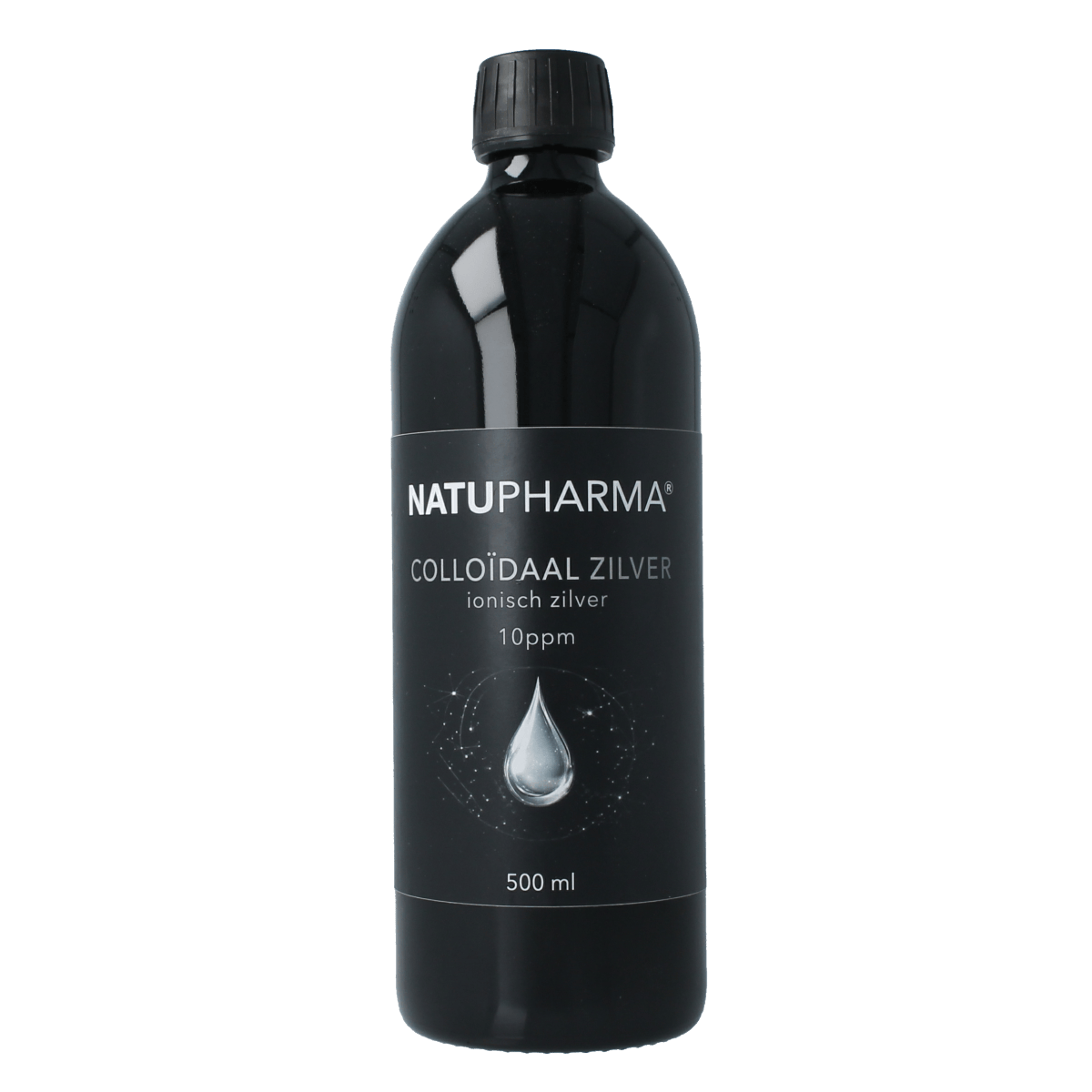 Natupharma ionisch zilverwater 10ppm, 500ml, mondverzorging product with clear liquid in a white bottle.