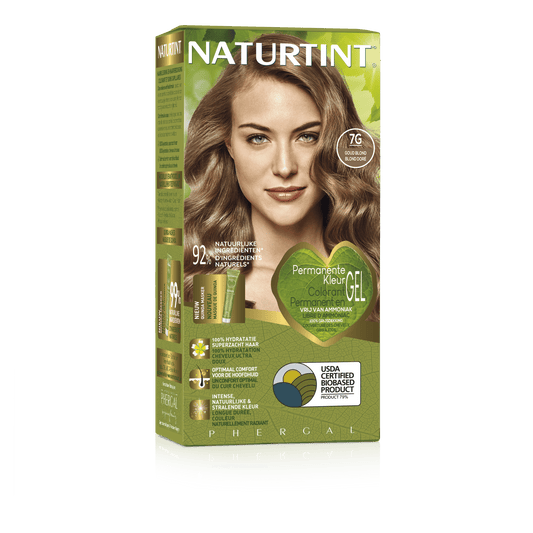 Naturtint 7G Goudblond hair coloring tube, 170 ml, showing the Naturtint brand and golden blonde shade.