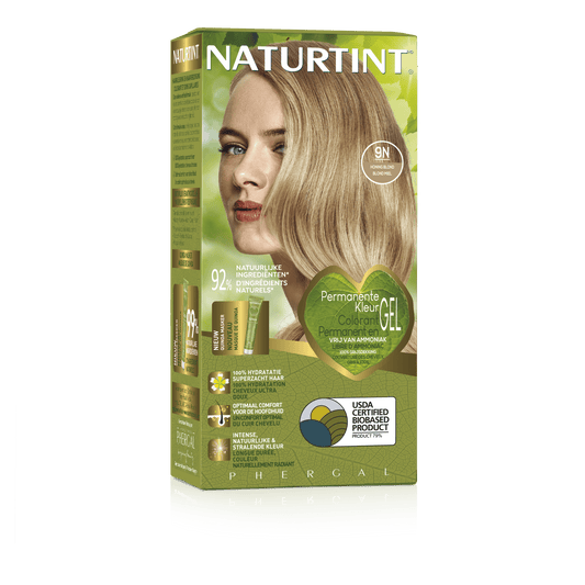 Naturtint 9N Honingblond hair coloring tube, 170ml, natural hair dye product with blonde shade, detailed packaging visible.