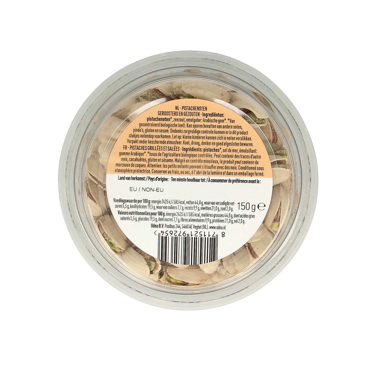 Raw and roasted salted organic pistachio nuts in a bowl from Nice & Nuts, 150 grams, showcasing green nuts with shells.