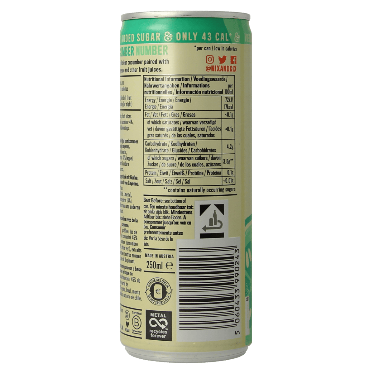Nix & Kix Cucumber Mint drink in a 250ml can, refreshing beverage with cucumber and mint flavor, in a silver can.