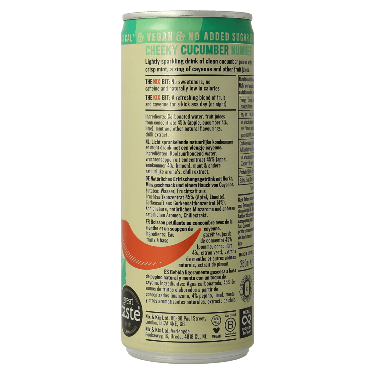 Nix & Kix cucumber mint drink in a 250ml can, refreshing beverage from the Nix & Kix drinks and juices collection.