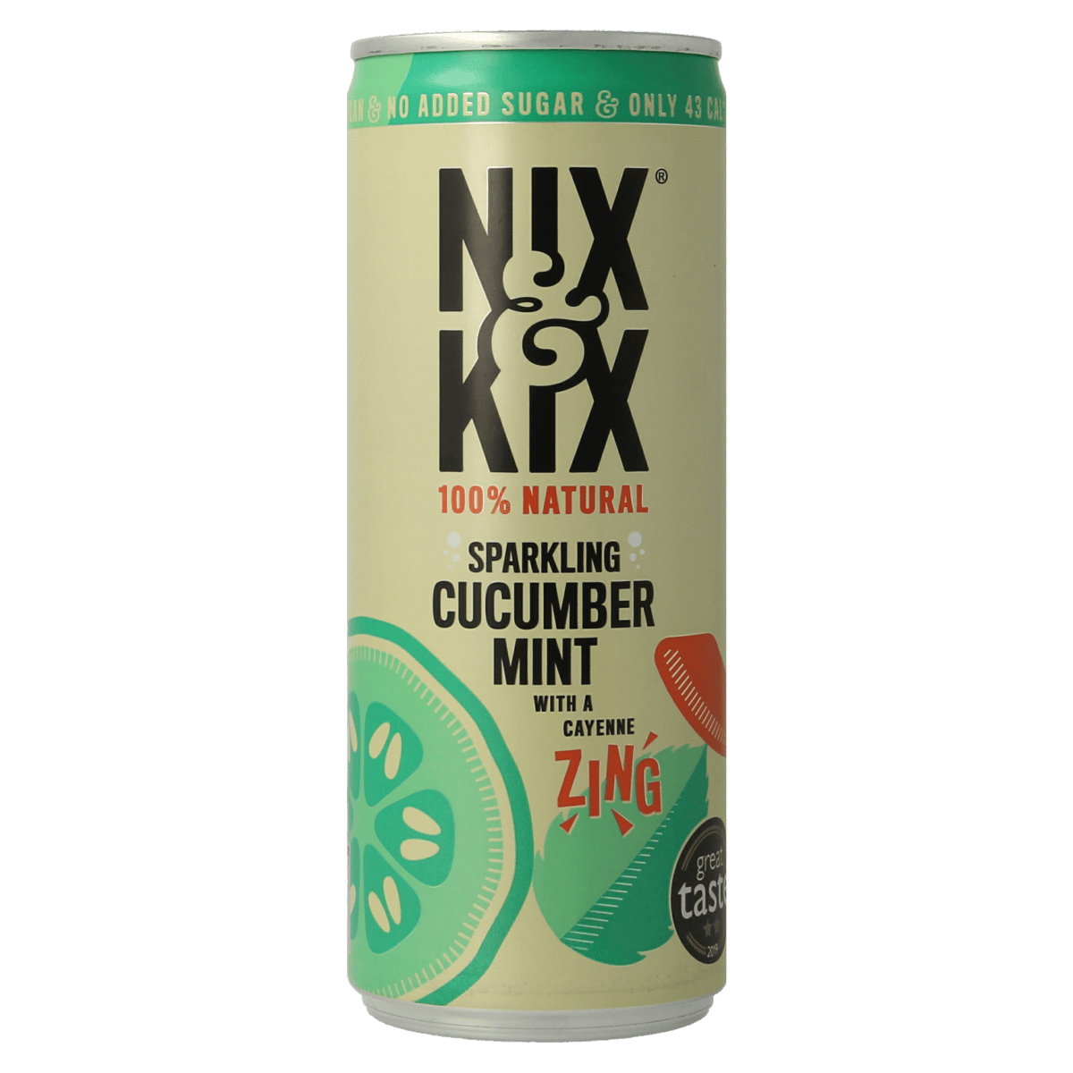 Nix & Kix Cucumber Mint canned drink, 250ml, refreshing beverage with cucumber and mint flavor in a silver can.