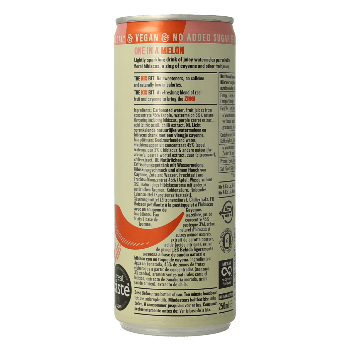 Nix & Kix Watermelon Hibiscus drink in a 250ml can, refreshing beverage with vibrant watermelon and hibiscus flavor.