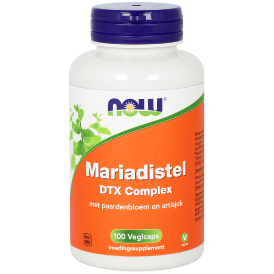 NOW Mariadistel DTX Complex vegetarian capsules, herbal supplement for liver support, in a clear bottle with capsules visible.