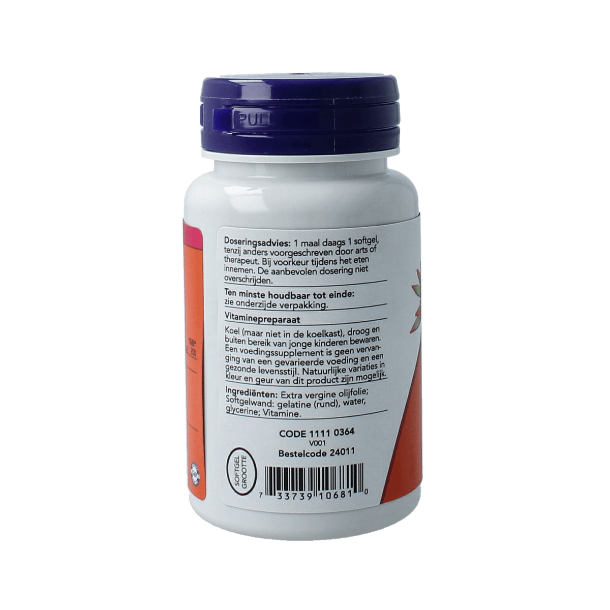 Bottle of NOW Vitamin D3 400IU softgels with 180 count, showing the supplement capsules in a clear container.