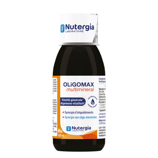 Nutergia Oligomax multimineral supplement in a 150ml bottle, rich in essential minerals for overall health and mineral balance.