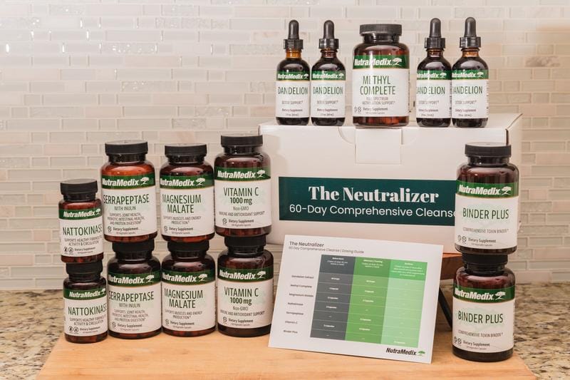 Nutramedix The Neutralizer 1.00 Set of herbal preparations, including bottles with labels and caps, on a white background.