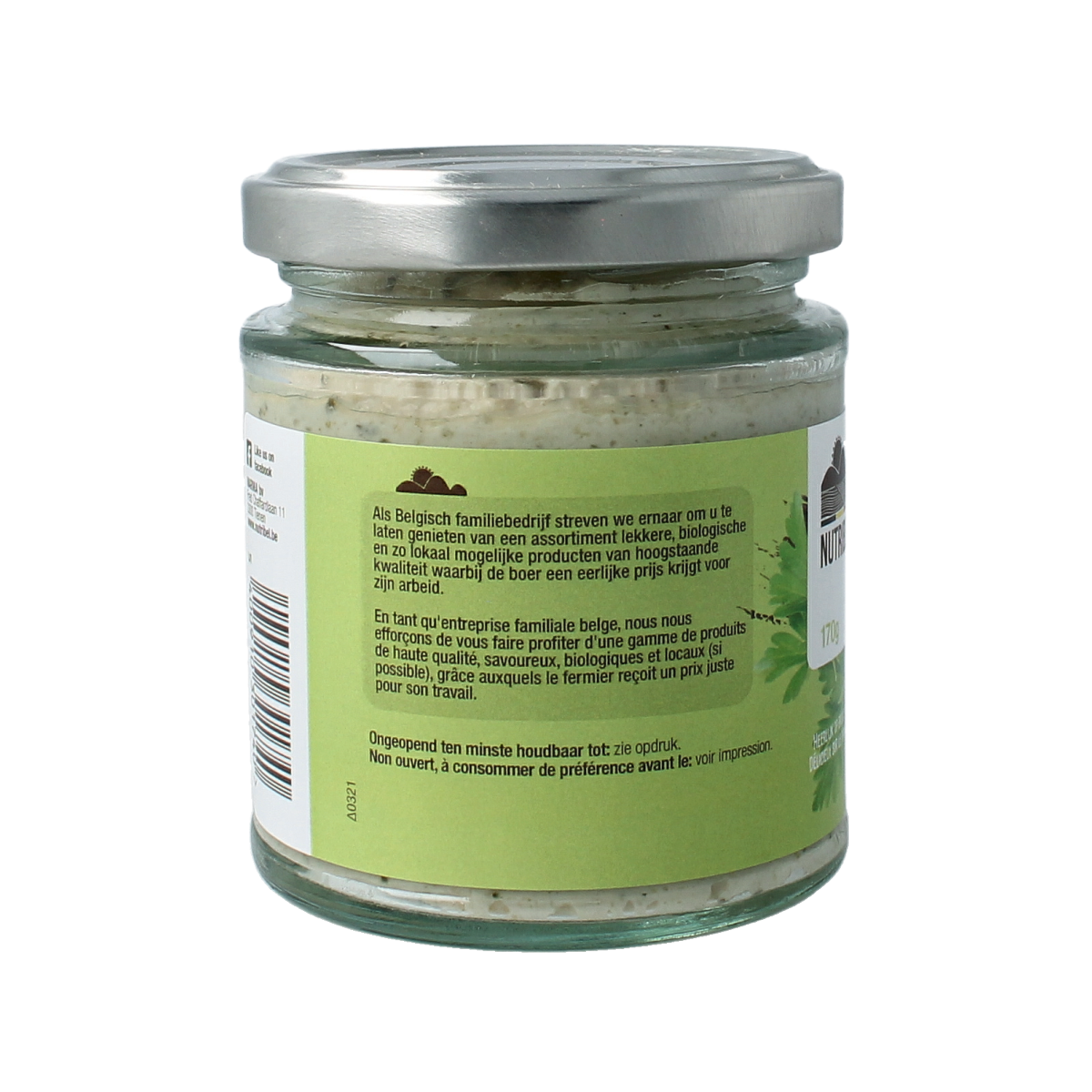 Nutribel kruiden spread glutenvrij bio in 190ml jar, spread on bread with herbs and vegetables, natural and organic flavor.