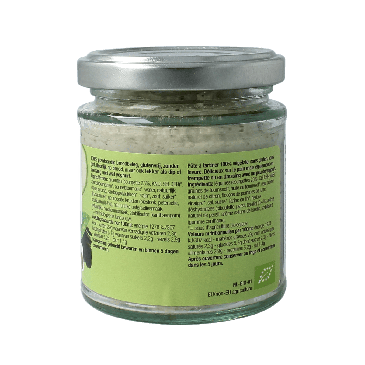 Nutribel kruiden spread glutenvrij bio in 190ml jar, ideal as a flavorful broodbeleg with herbal ingredients.