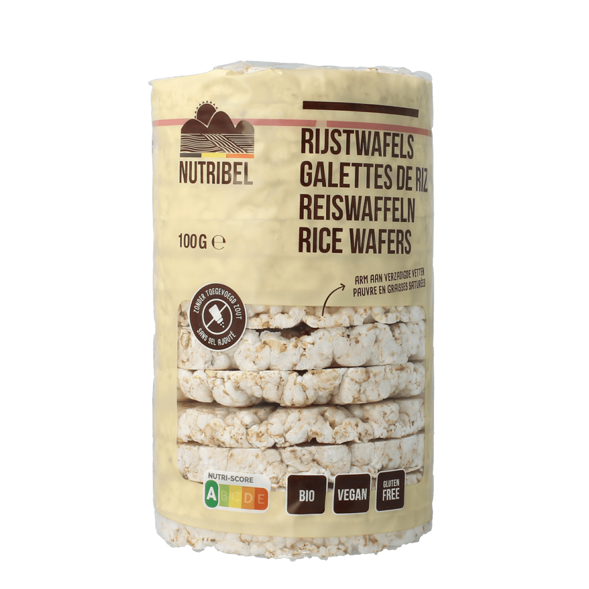 Nutribel rice cakes without salt, gluten-free, organic, 100g, packed in a natural, crispy snack featuring the Nutribel brand.