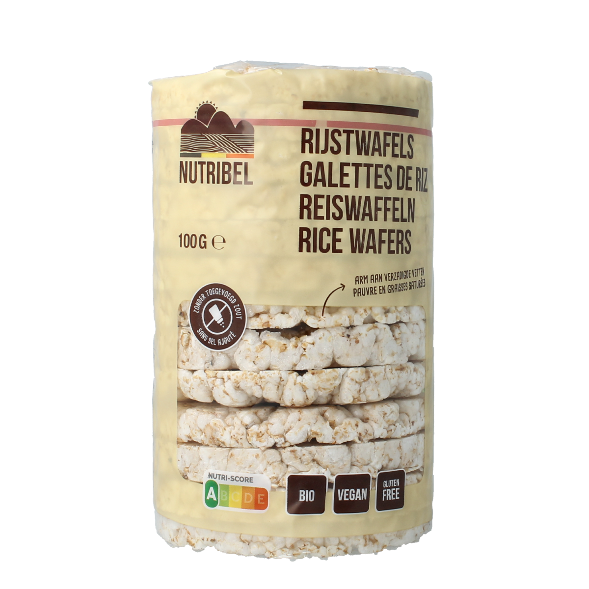 Nutribel gluten-free, unsalted rice cakes in 100g package, organic, crunchy snack from Nutribel brand.