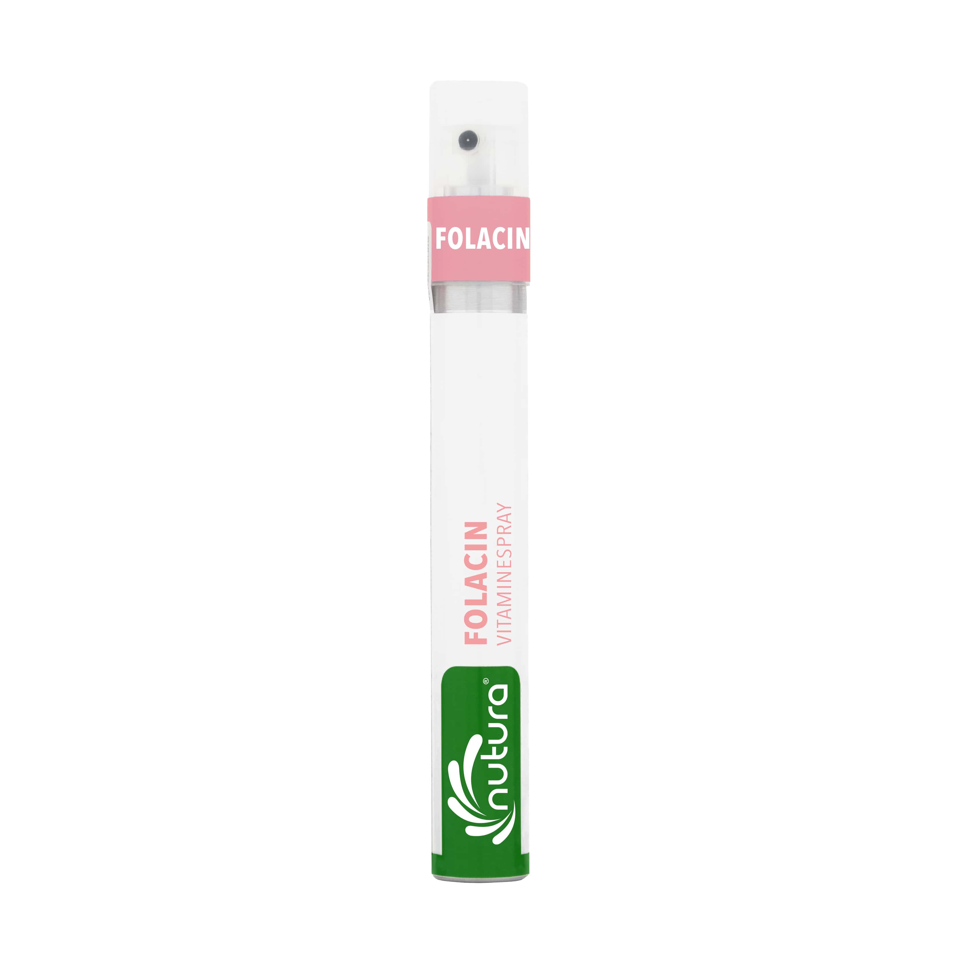 Nutura Vitaminesprays Folacin single-dose vitamin spray in a 14.40 ml bottle, designed for easy vitamin intake.