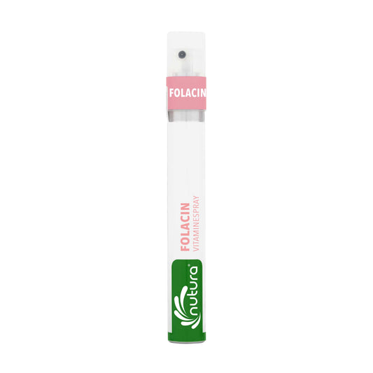 Nutura Vitaminesprays Folacin single-dose vitamin spray in a 14.40 ml bottle, designed for easy vitamin intake.
