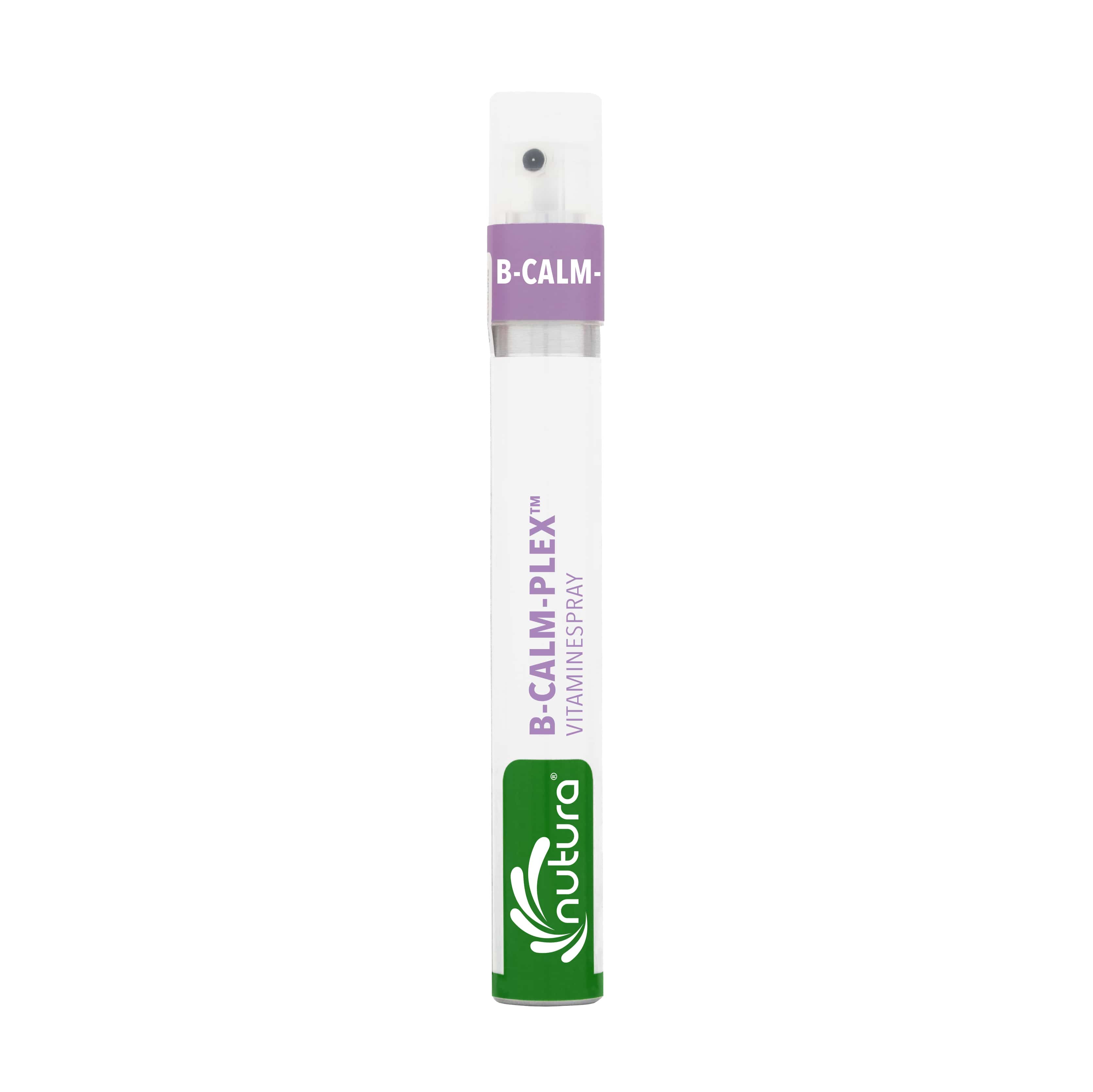 Nutura Vitaminesprays B-CalmPlex multivitamin spray bottle, 14.40 ml, with label showing product details and branding.