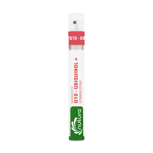 Nutura Vitaminesprays Q10-Ubiquinol multivitamin spray bottle, 14.40 ml, with colorful packaging and product label visible.