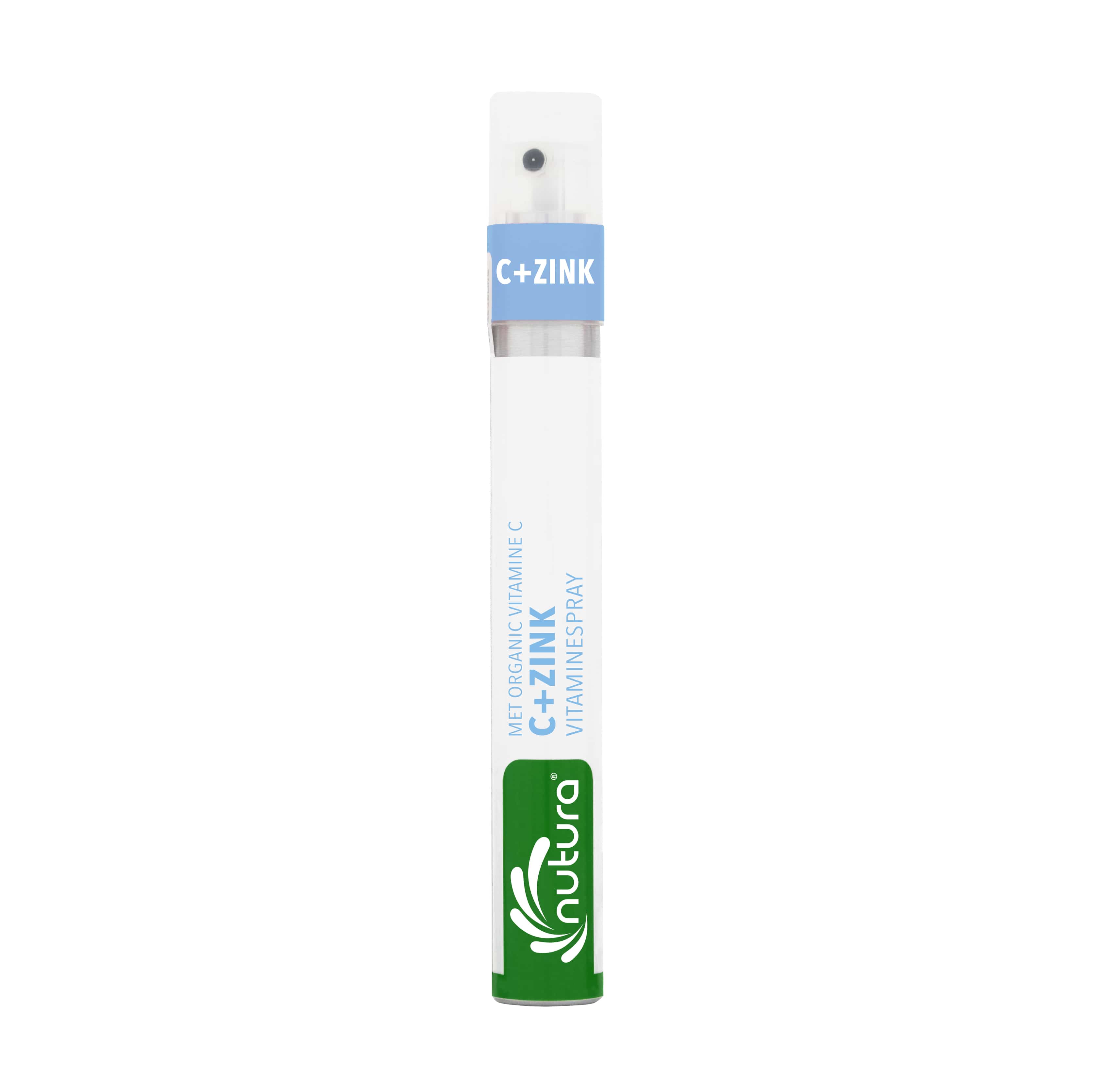 Nutura Vitaminesprays C + Zink dietary supplement spray in a 14.4 ml bottle, designed to support immune health.