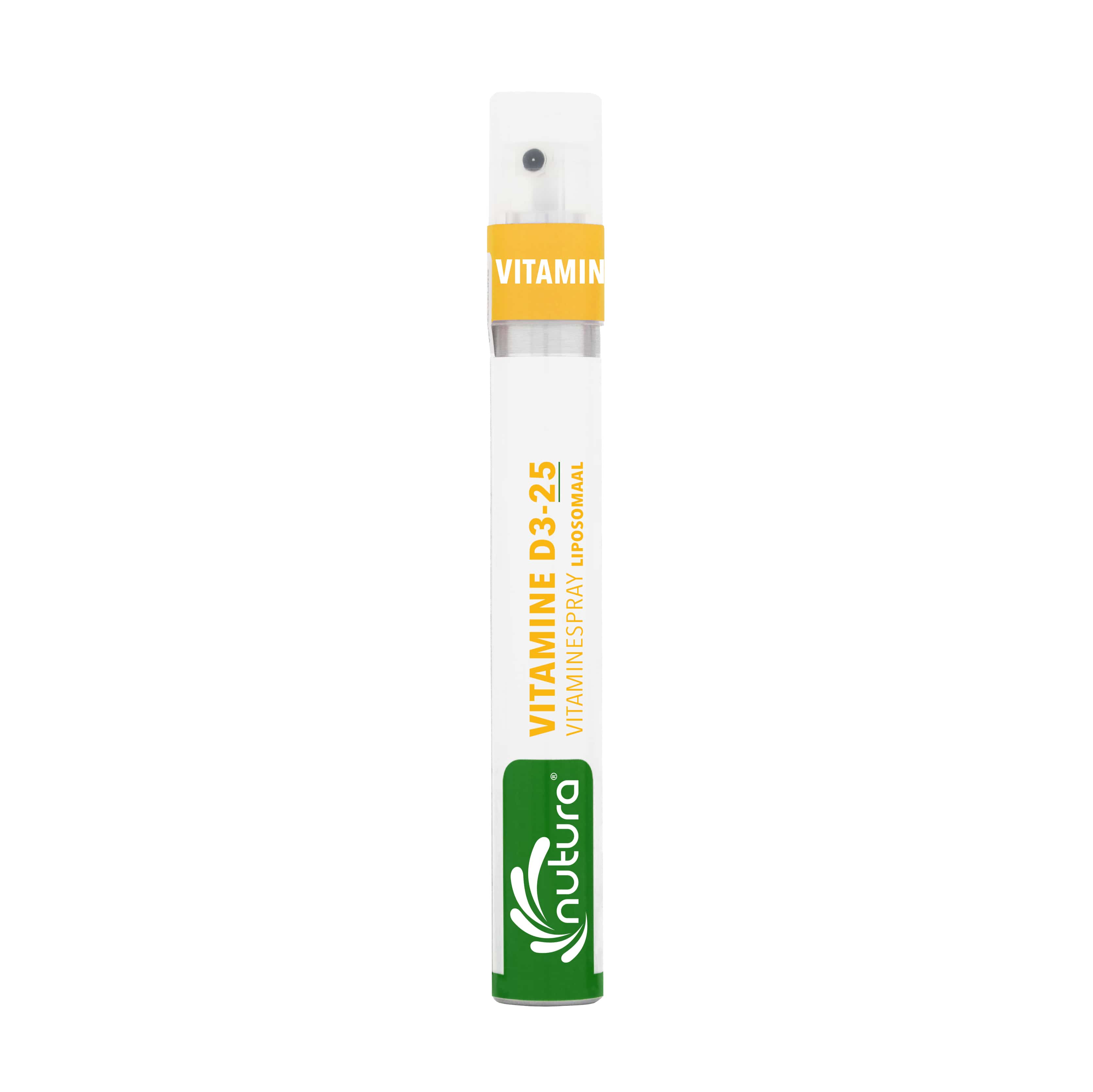 Nutura Vitaminesprays D3, 25-vitamin spray bottle, 14.4 ml, dietary supplement with natural vitamin D3 in a small spray bottle.