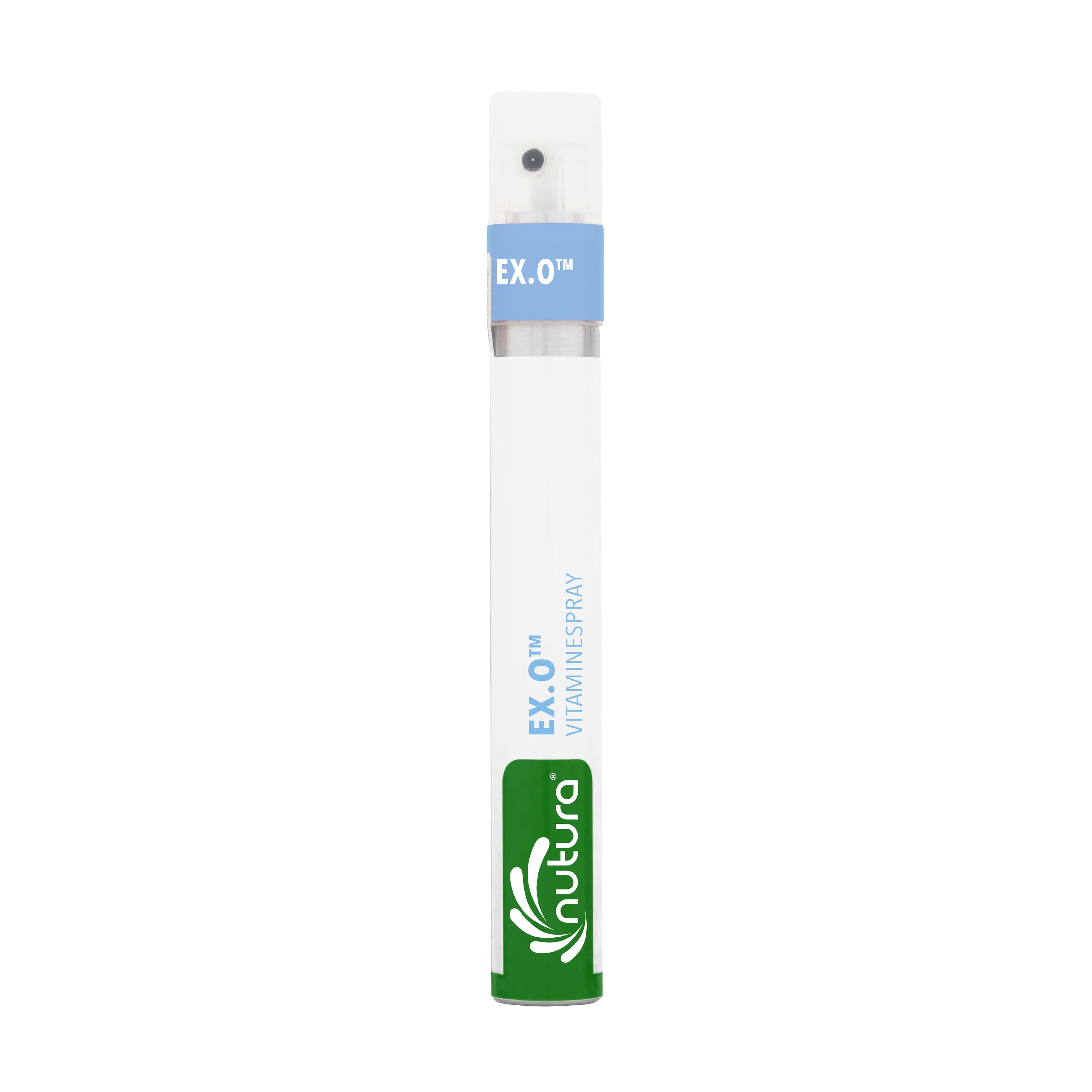 Nutura Vitaminesprays Ex. O vitaminspray in 14.40ml bottle, dietary supplement with herbal and vitamin blend in a clear spray bottle.