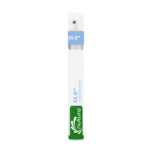 Nutura Vitaminesprays Ex. O vitaminspray in 14.40ml bottle, dietary supplement with herbal and vitamin blend in a clear spray bottle.
