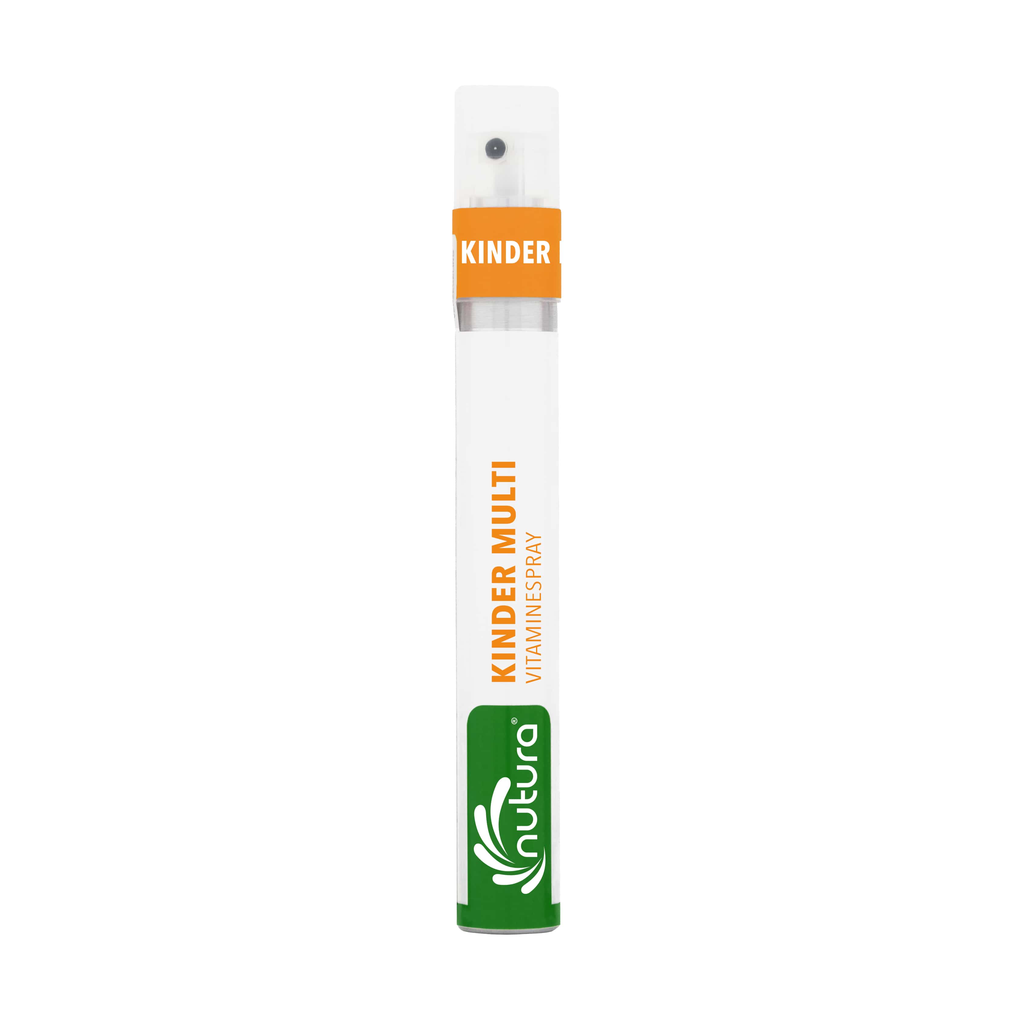 Nutura Vitaminesprays Kinder Multi Vitaminespray 14.40ml, colorful children’s multivitamin spray in a small bottle.