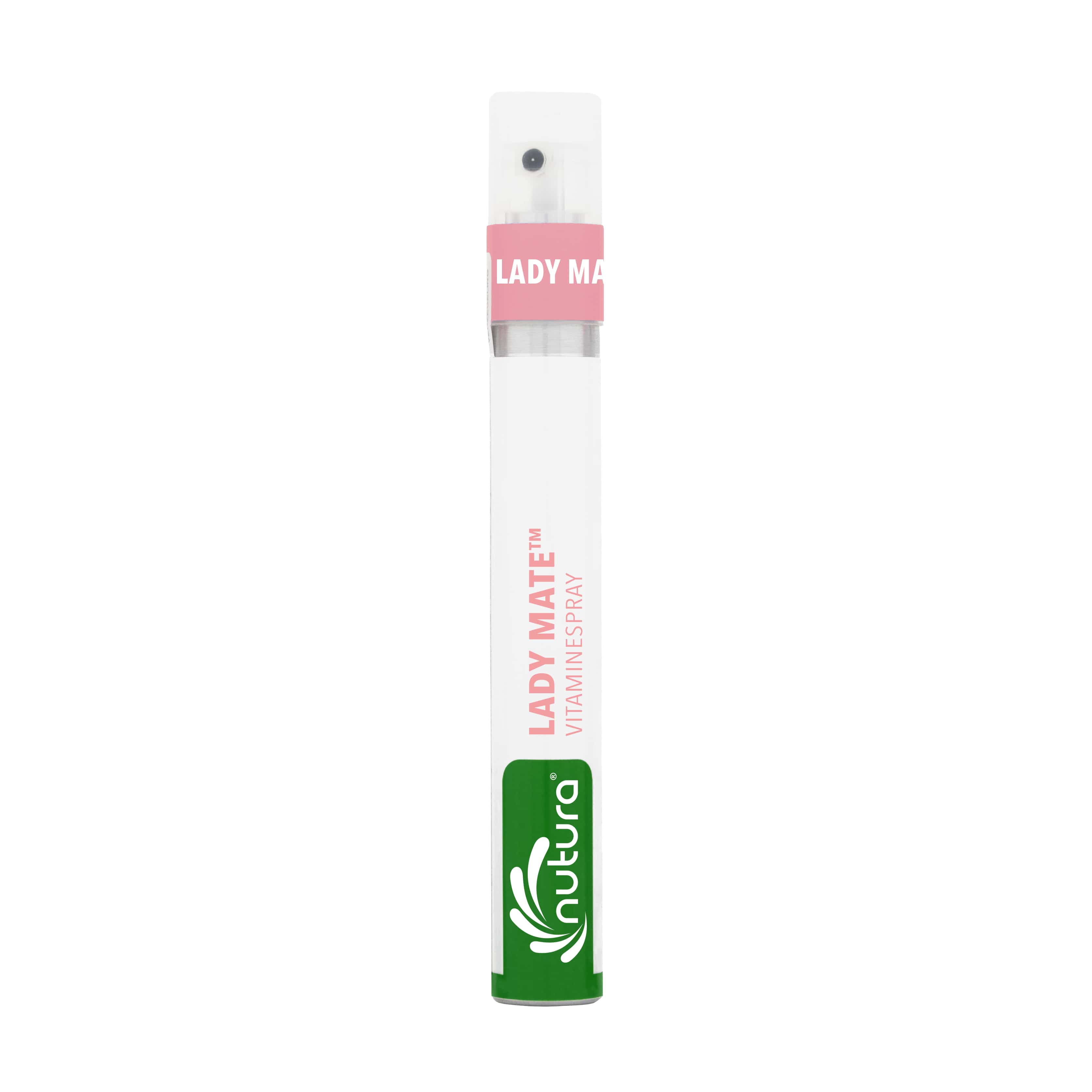 Nutura Vitaminesprays LadyMate vitaminspray 14.4 ml, dietary supplement with herbal ingredients, in a small spray bottle.