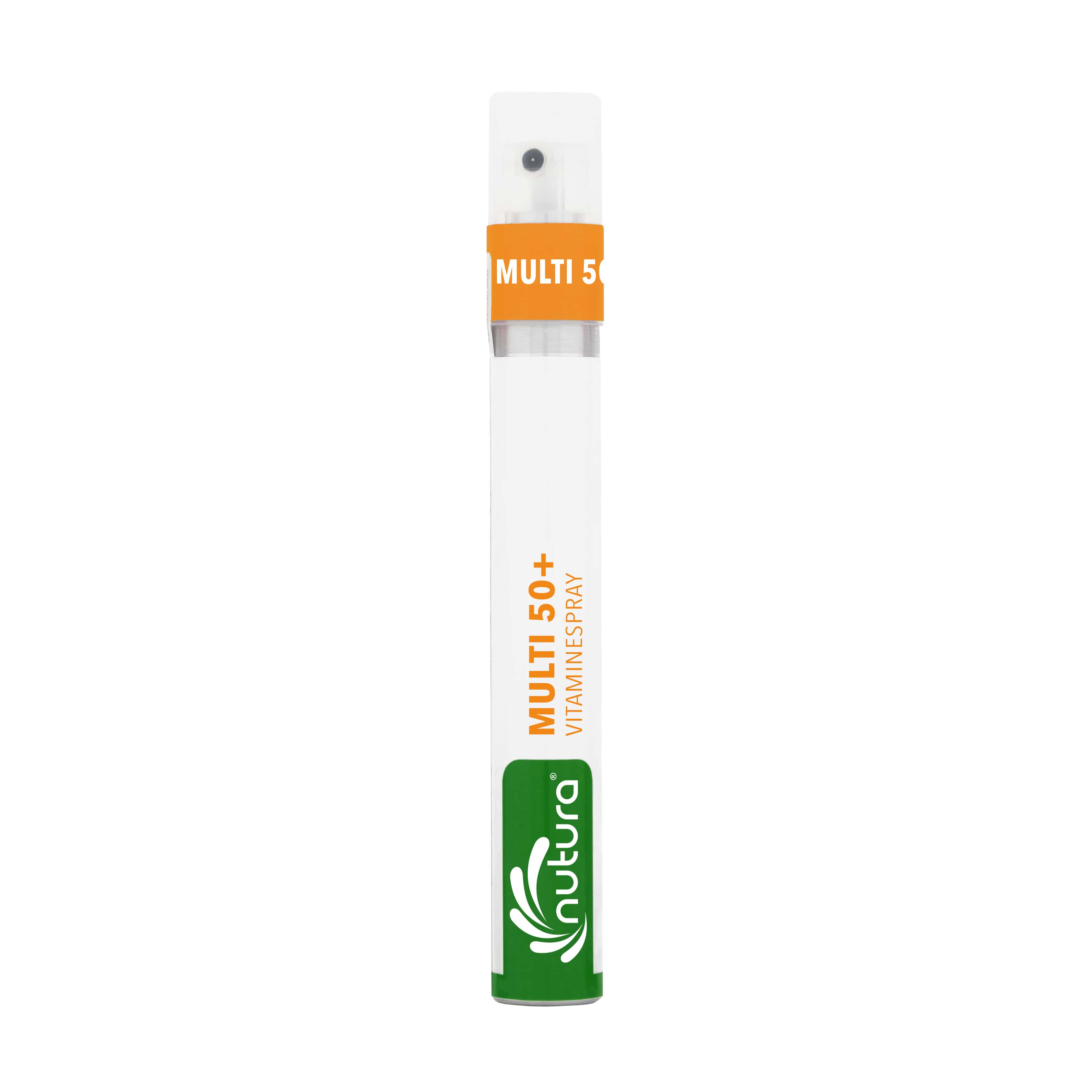 Nutura Vitaminesprays Multi 50+ multivitamin spray in 14.4 ml bottle, dietary supplement with vitamins and herbal ingredients.