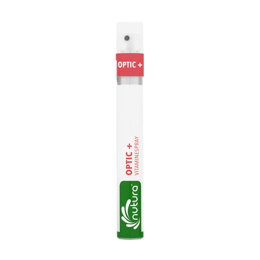 Nutura Vitaminesprays Optic+ vitaminspray 14.40ml, a dietary supplement with herbal ingredients in a small spray bottle.