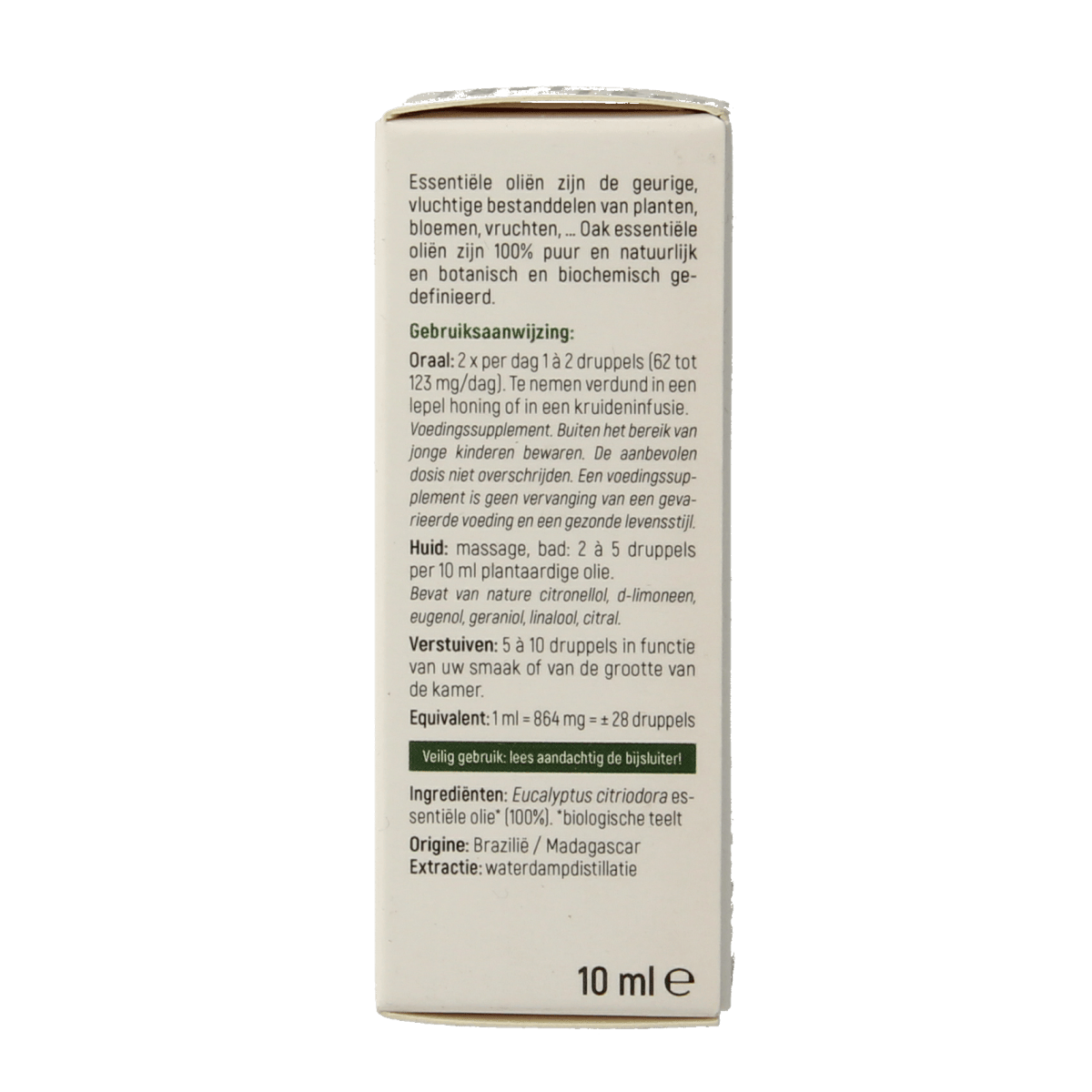Oak Citroeneucalyptus bio essential oil in a 10ml bottle, showcasing the clear glass container with a white cap and label.