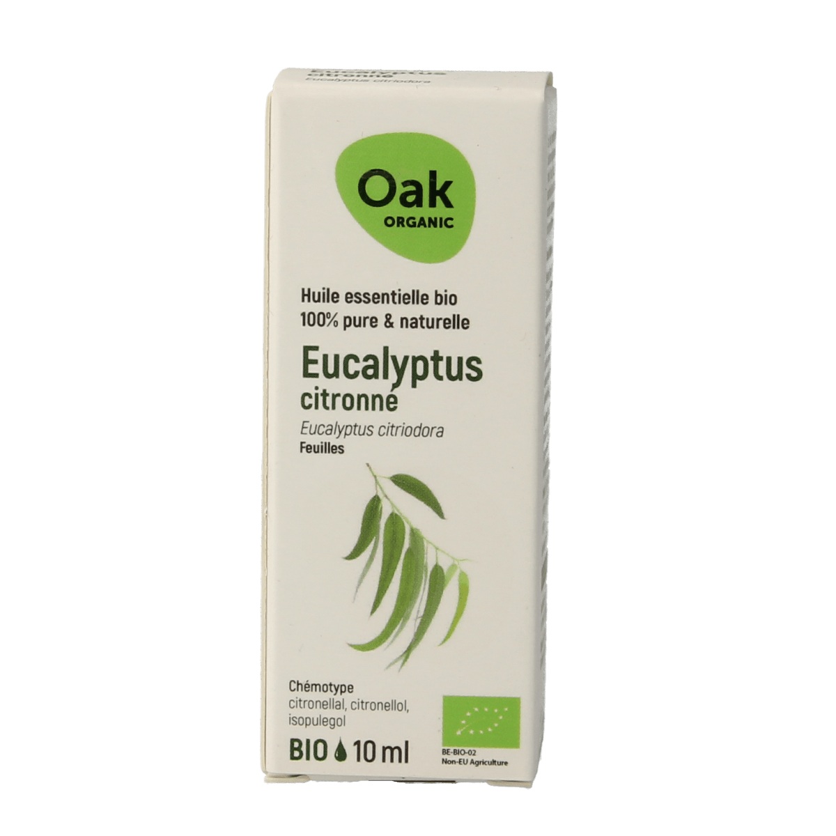 Oak bio citron eucalyptus essential oil in a 10ml amber glass bottle, natural and organic scented oil for aromatherapy or wellness.