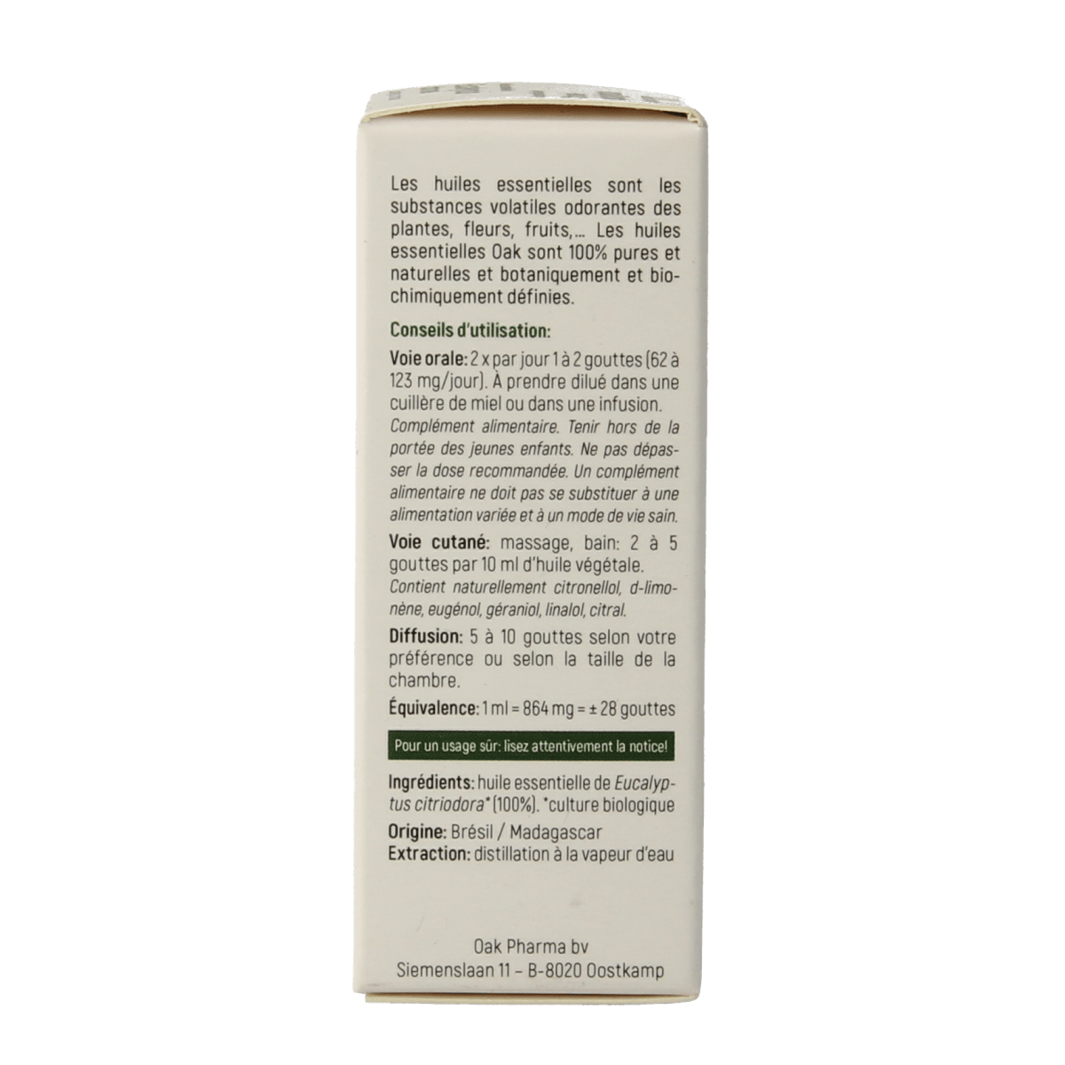 Bottle of Oak Citroeneucalyptus organic essential oil, 10ml, with a clear label and dropper cap, on a white background.
