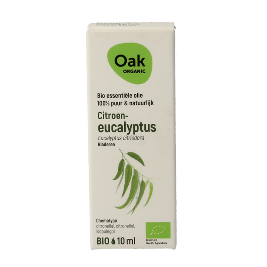 Oak Citroeneucalyptus organic essential oil in a 10ml bottle, showing the amber glass container with a white label.