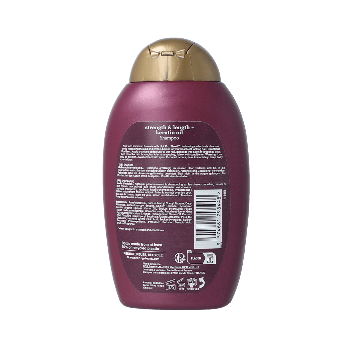 OGX Shampoo with keratin oil, 385ml, in a clear bottle with a pump dispenser, designed for nourishing hair care.