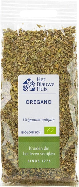 Dried organic oregano from Het Blauwe Huis in a 20g package, suitable for herbs, spices, and meal seasoning.