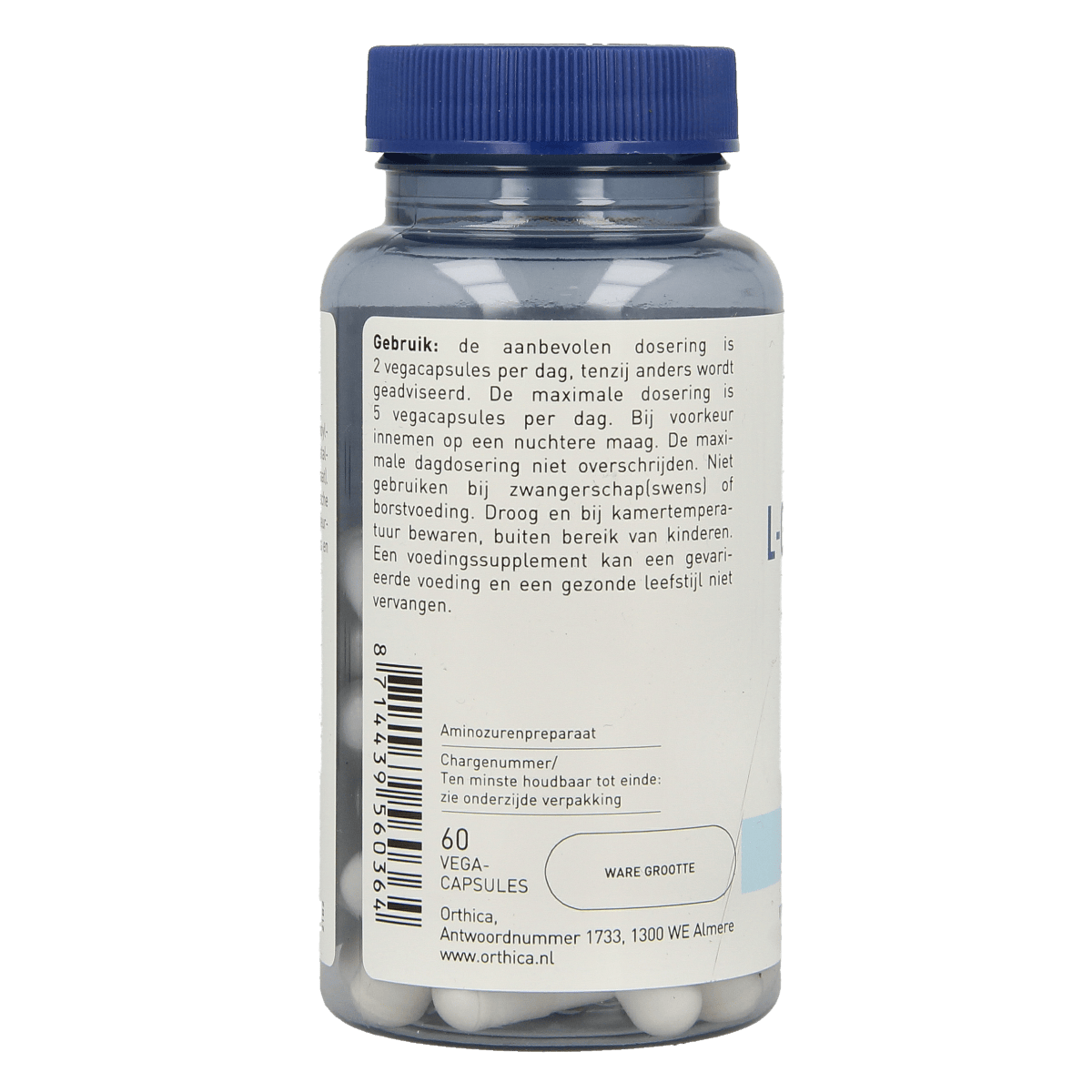 Orthica L-Glutamine 500 vegetarian capsules, dietary amino acids supplement, close-up of the supplement bottle and capsules