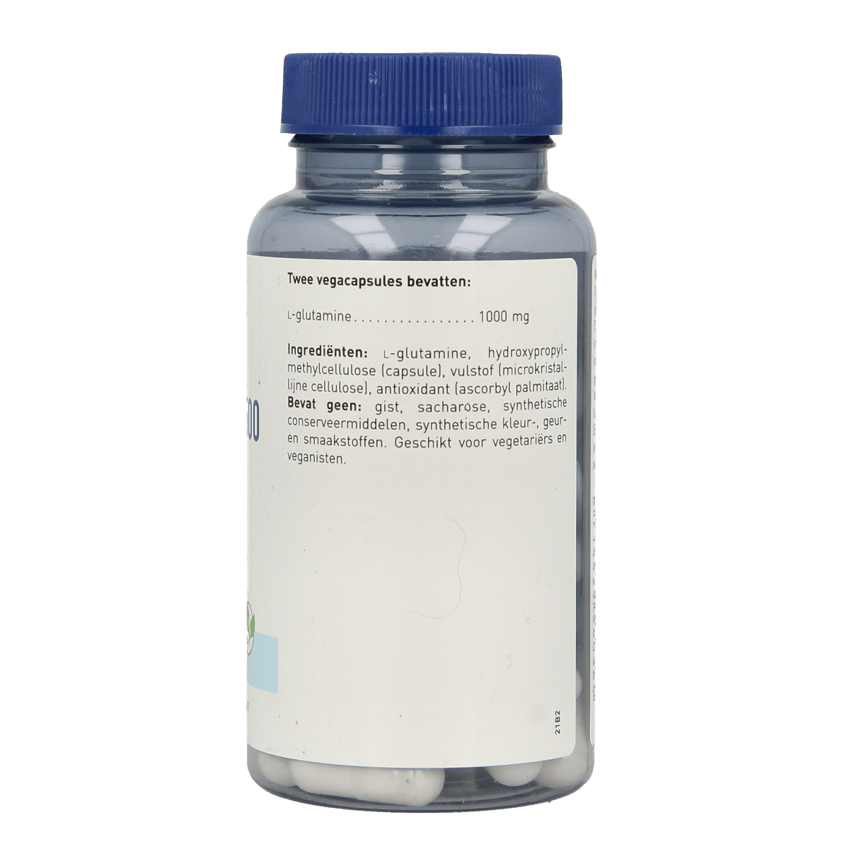 Orthica L-Glutamine 500 vegetarian capsules, dietary supplement with amino acids, shown in a bottle with capsules.