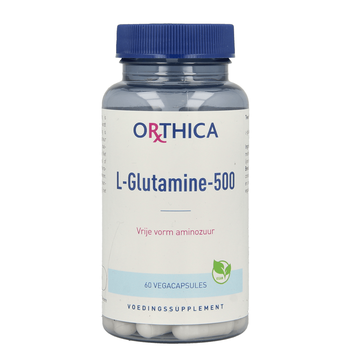 Orthica L-Glutamine 500 vegetarian capsules, dietary amino acid supplement in clear bottle with capsules inside.