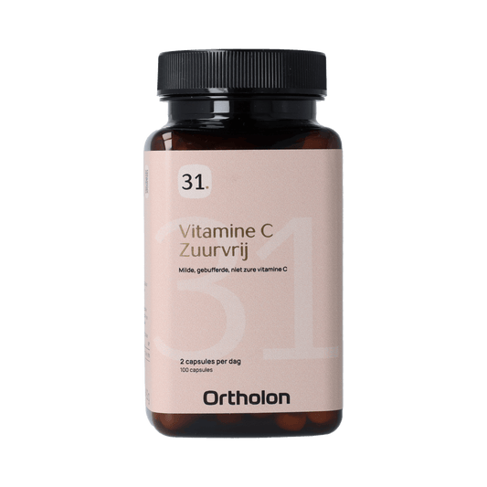 Ortholon Vitamin C capsules, 100 count, nitrate-free vitamin supplement in clear bottle with blue cap, labeled Ortholon.