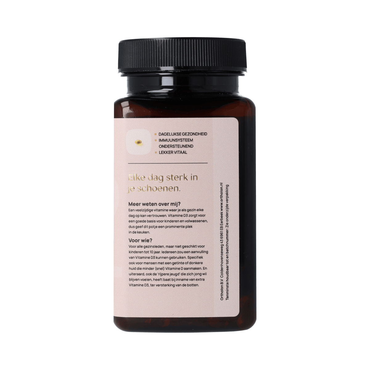 Ortholon Vitamin D3 softgels, 25mcg, in a clear bottle, showing the label and softgel capsules for dietary supplement use.