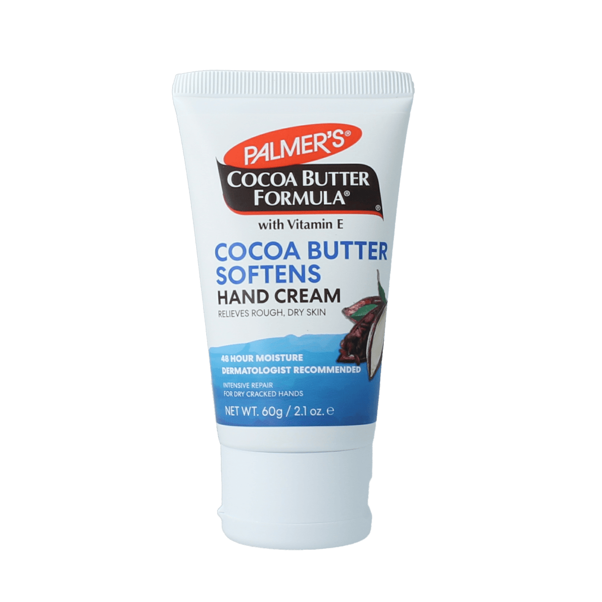 Palmers Cocoa Butter Formula tube for body care, 60g, featuring a beige plastic tube with a flip-top cap and product branding.