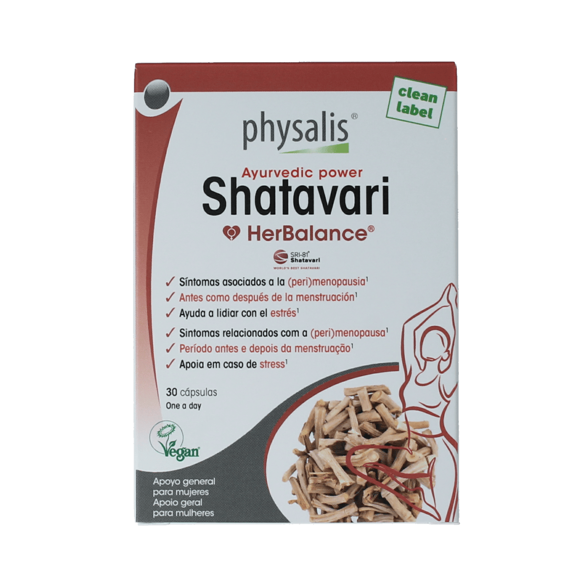 Physalis Shatavari capsules, a herbal dietary supplement by Physalis, in a clear container with label displaying 30 capsules.