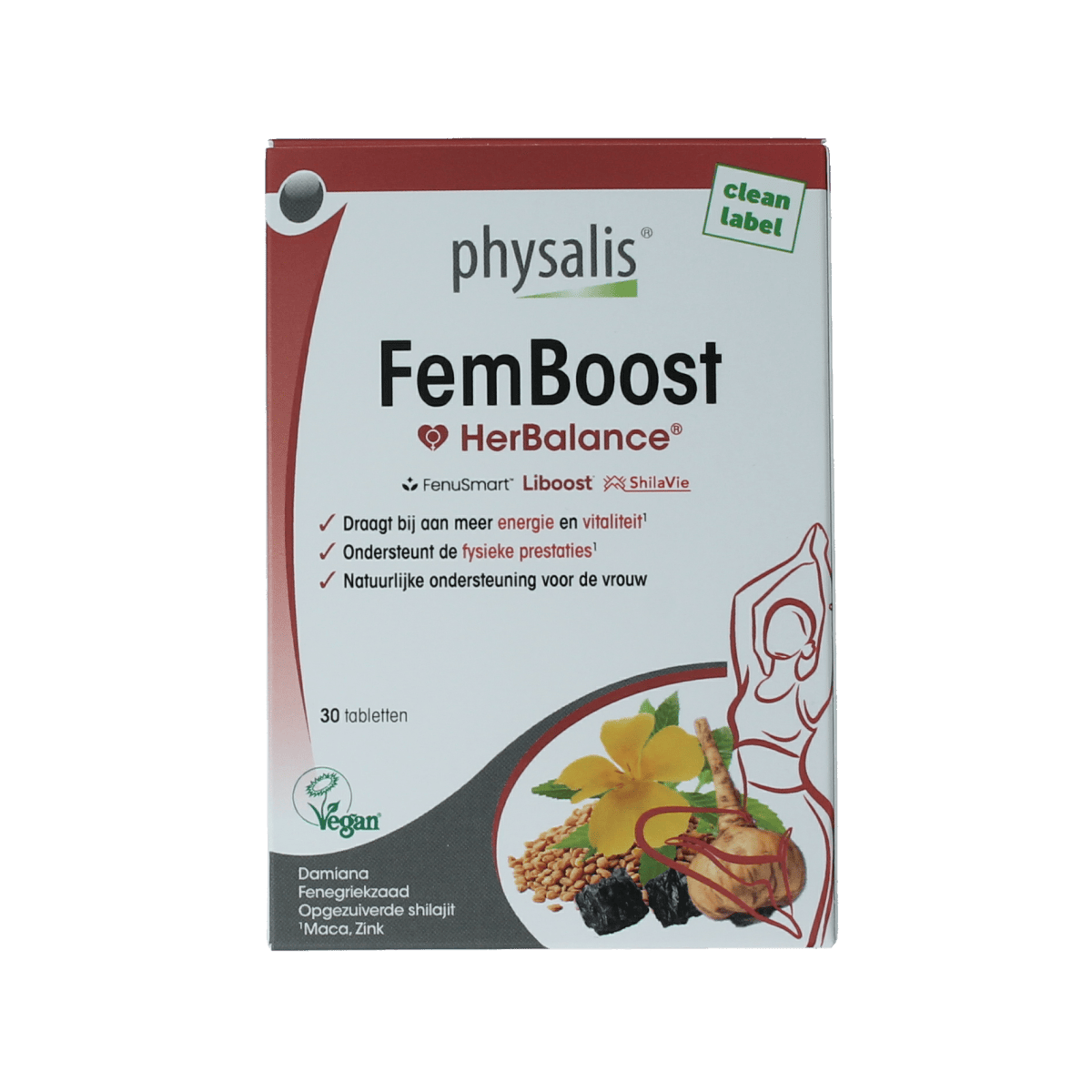 Physalis FemBoost dietary supplement tablets in a bottle, natural herbal supplement for women's health by Physalis.