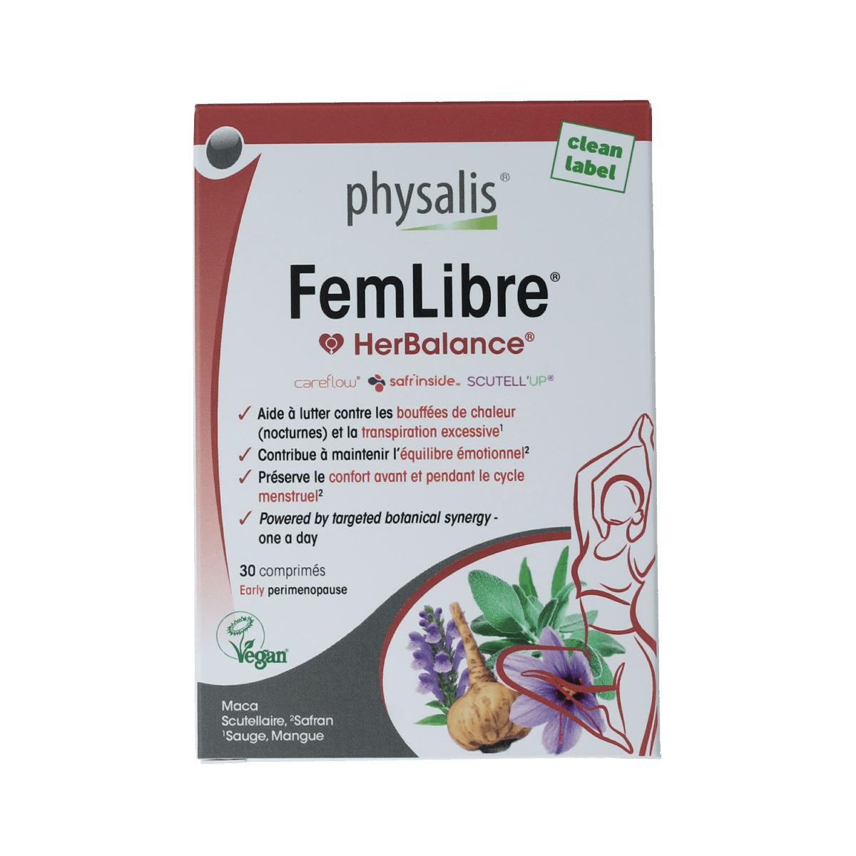 Physalis FemLibre dietary supplement 30 tablets, herbal supplement for women's health, in a clear plastic bottle.