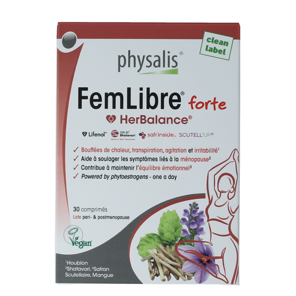 Physalis FemLibre Forte dietary supplement in a bottle with 30 tablets, made by Physalis, natural herbal supplement for women.