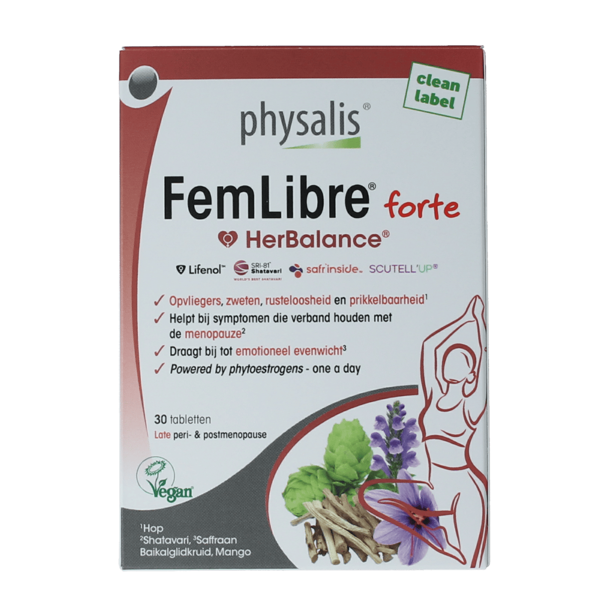 Physalis FemLibre Forte dietary supplement in blister pack with 30 tablets, natural herbal supplement for women's health.