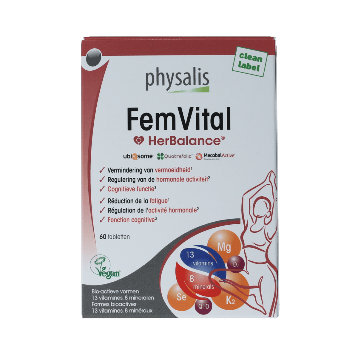 Physalis FemVital dietary supplement tablets in a bottle, promoting women's health with natural herbal ingredients.