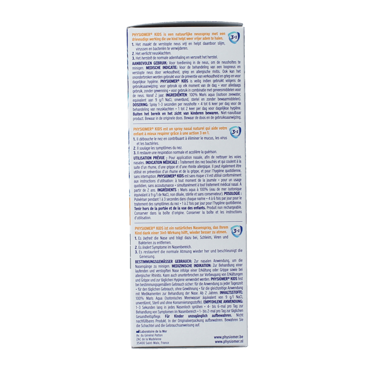 Physiomer Kids nasal care and inhalation spray in a 135ml bottle, designed for children's nasal health and congestion relief.
